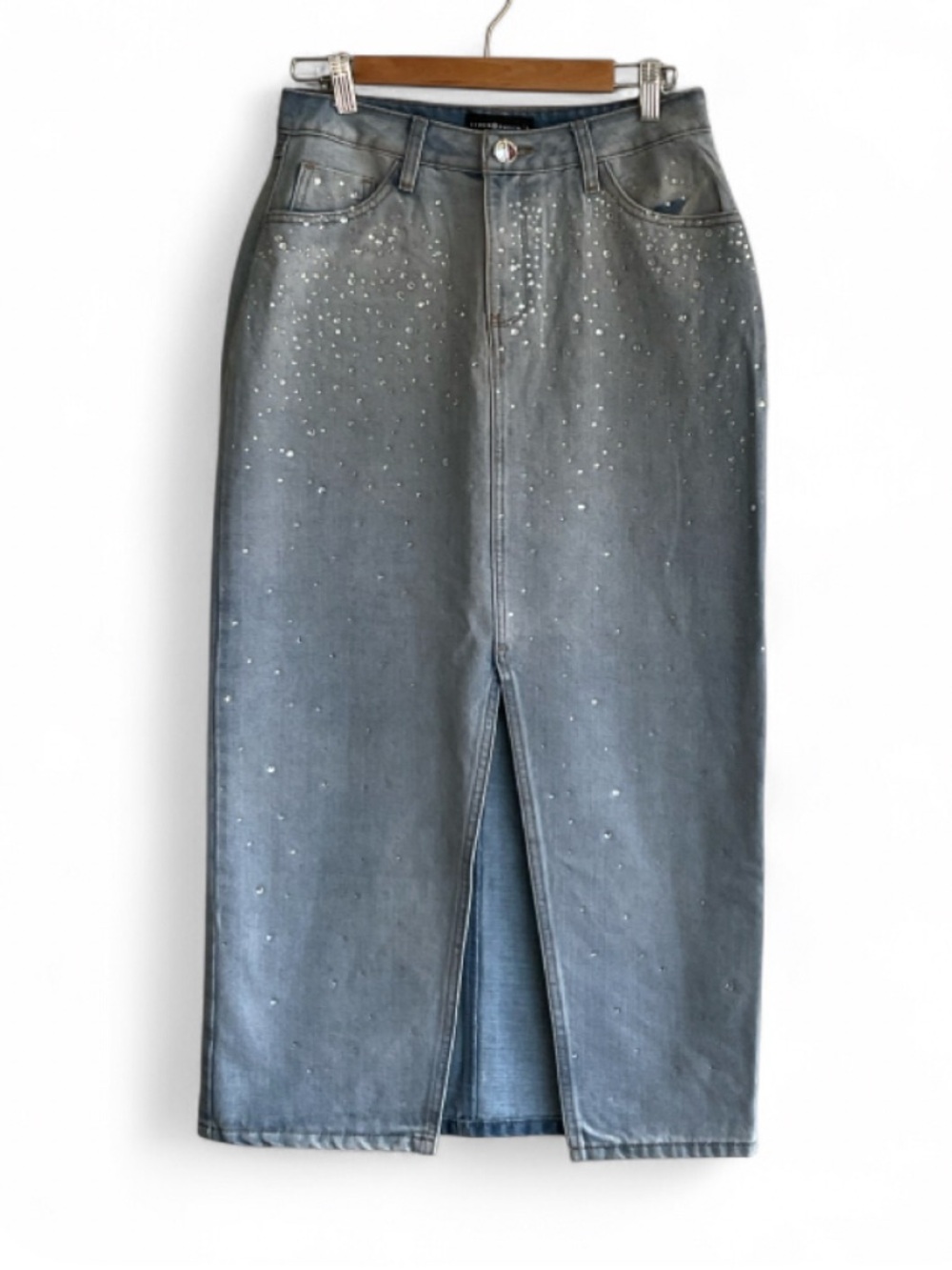 Seven Eleven Rhinestone Embellished Split Denim Jean Maxi Skirt NWOT SIZE 7
